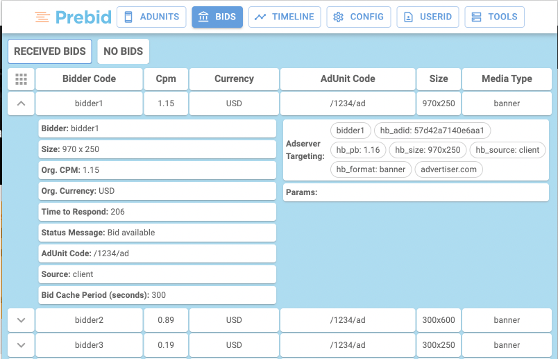 Professor Prebid bids screen